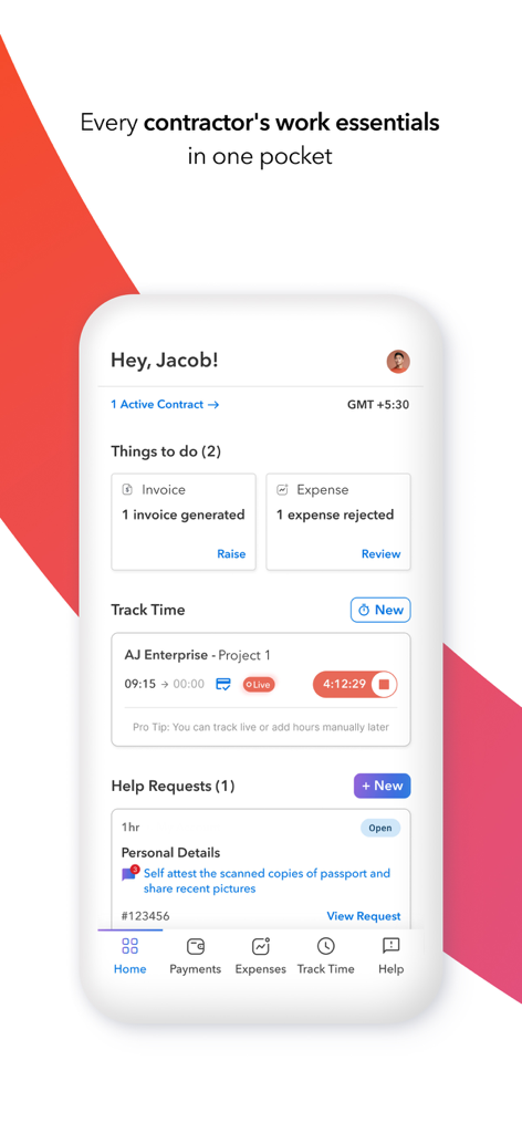 Payoneer Workforce Management - Painel da aplicação móvel Gestão de Força de Trabalho Payoneer exibindo ferramentas de registo de horas, faturas e gestão de despesas para empreiteiros.