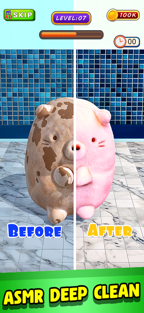 Deep Cleaning ASMR! Clean Up - Un confronto prima e dopo fianco a fianco che mostra un maialino giocattolo sporco che viene pulito nel gioco Deep Cleaning ASMR.