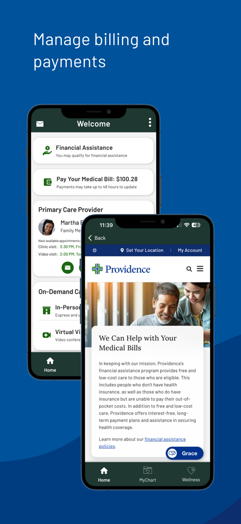 Providence - Providence mobile app interface for managing medical bills and viewing financial assistance options