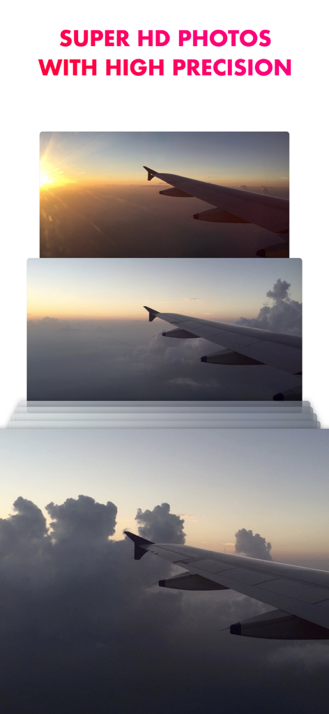 App screenshot showing high precision super HD photos extracted from a video of an airplane wing over clouds.