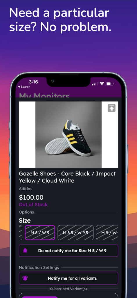 Inventory Bot - スニーカーの再入荷アラートと特定のサイズ表示を示す在庫ボットアプリインターフェイス。