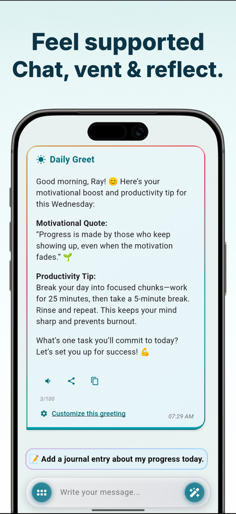Memozy app daily greet screen with motivational quote and productivity tip
