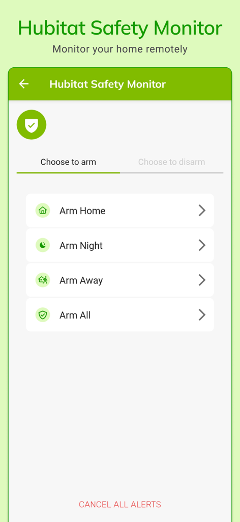 Schermata Hubitat Elevation Safety Monitor con opzioni per armare le modalità casa, notte e assente