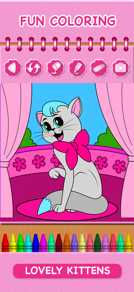 Animal Coloring Book Baby Pets - Una interfaz de libro de colorear digital que muestra un lindo gatito de dibujos animados con un lazo rosa y varios crayones de colores.