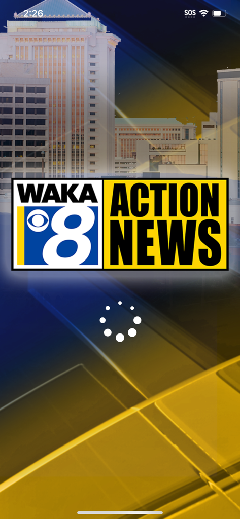 WAKA News - WAKA Action 8 News mobile app splash screen featuring the station logo and a city background