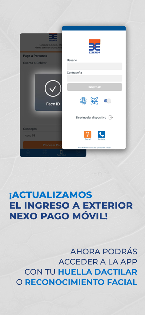 Pantalla de inicio de sesión de la app NEXO Pago Movil con acceso biométrico mediante Face ID y reconocimiento de huellas dactilares