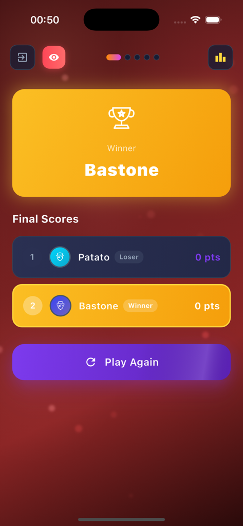 Final score screen of Undercover Mr White game showing the winner and play again button