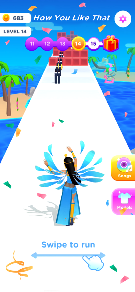 Dancing Race - Gameplay of Dancing Race showing a character running on a music runway to collect high heels