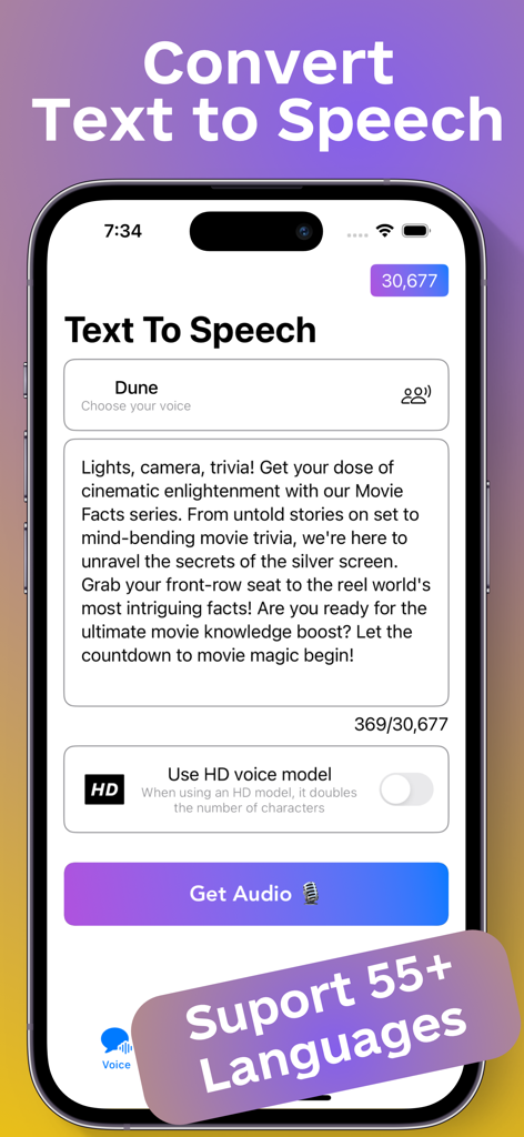 My Voice - Text To Speech - iPhone screen displaying the My Voice app interface for converting text to AI speech with multiple voice options