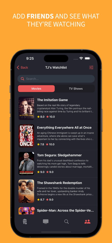A screenshot of the Watchlist app showing a friend's movie list with titles like The Imitation Game and Everything Everywhere All at Once.