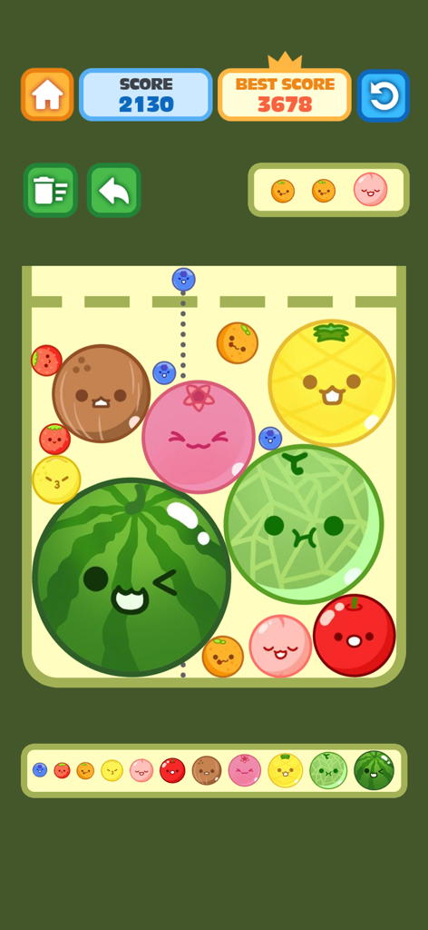 Gameplay of the Fruit Merge puzzle featuring cute fruit characters in the Offline Mini Game Hub