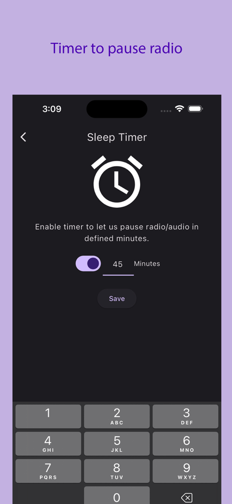 Vietnam eRadio plus app sleep timer screen to automatically pause radio audio