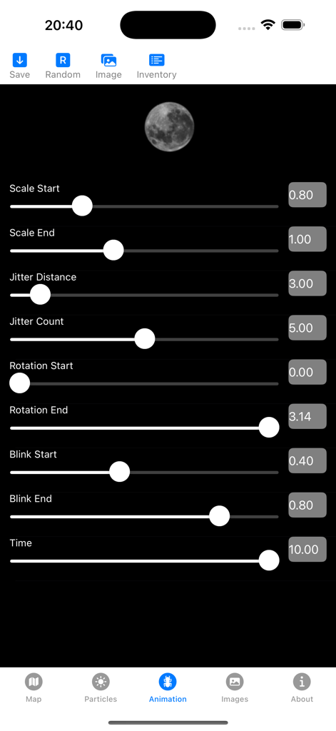 The animation settings screen of the Universe Particle app featuring sliders for scale jitter and rotation effects.