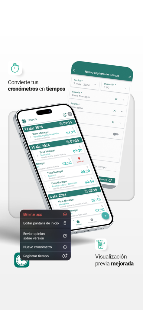 Time Manager - Interfaccia dell'app Time Manager che mostra i registri di monitoraggio del tempo e un modulo per nuove voci per professionisti legali