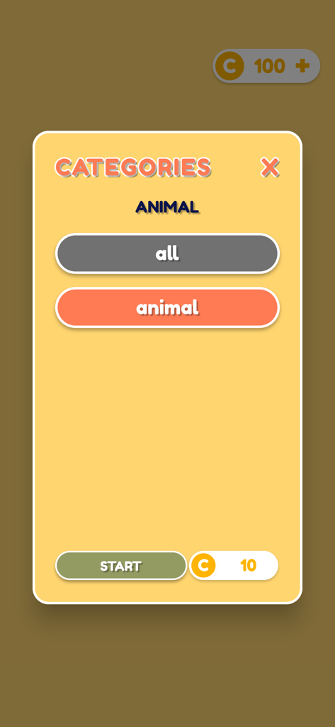 Guess Me!!! - Guess Me mobile app categories screen showing the animal word category selection