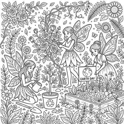 Dive into a magical world where garden fairies nurture nature and celebrate Earth Day. This charming coloring page is perfect for all ages to enjoy the beauty of our planet.