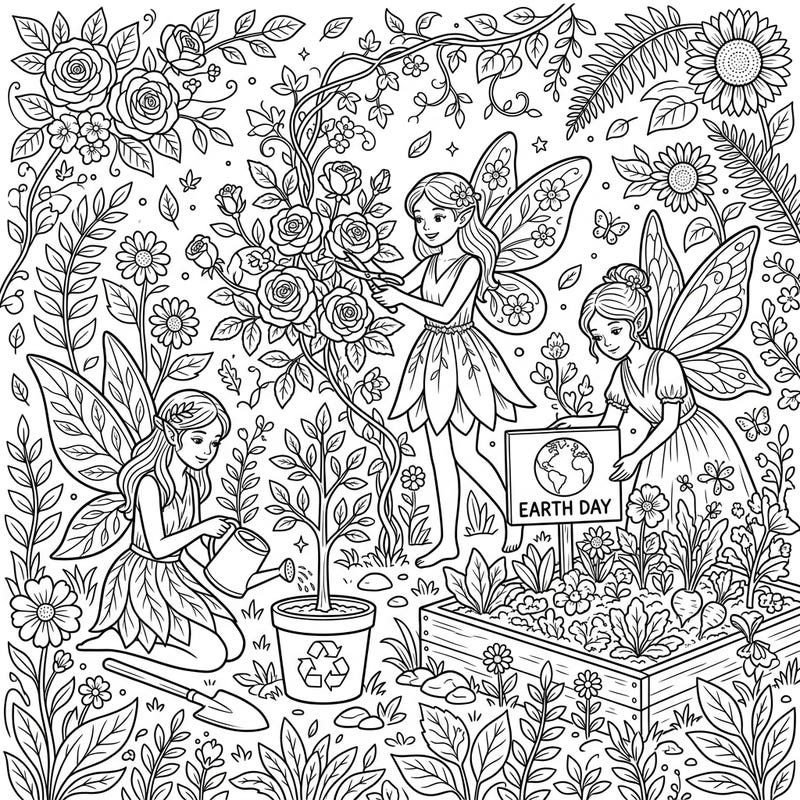 Dive into a magical world where garden fairies nurture nature and celebrate Earth Day. This charming coloring page is perfect for all ages to enjoy the beauty of our planet.