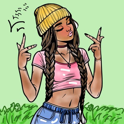 realistic teenage girl with braids and a beanie and crop top doing 🫶🏼