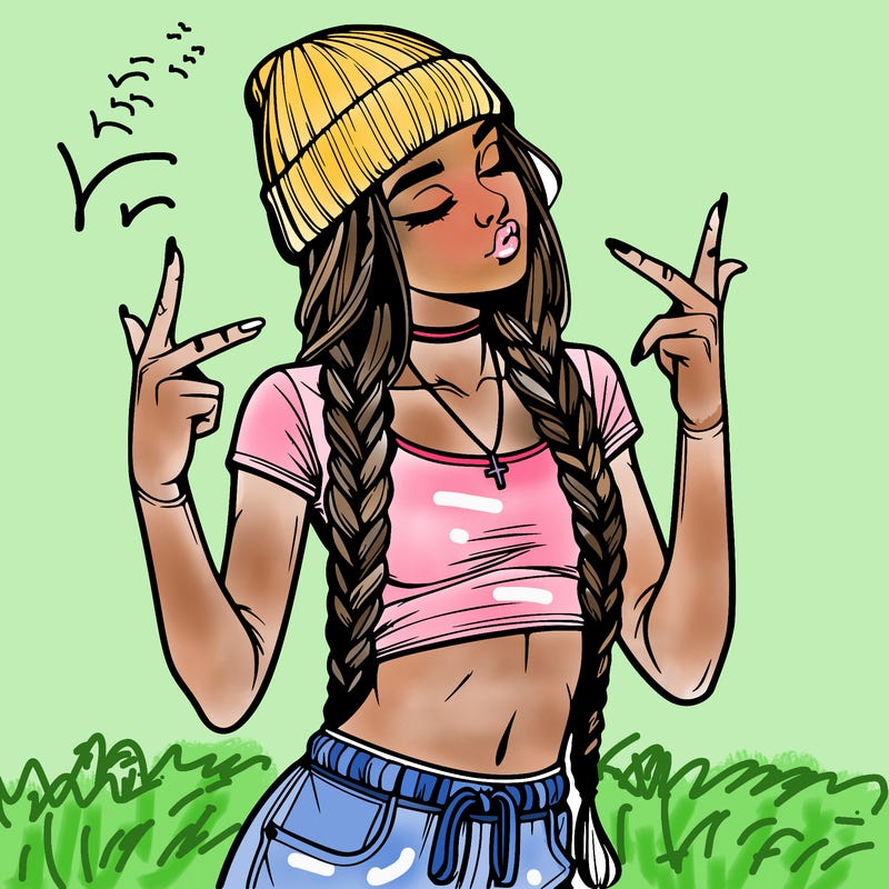 realistic teenage girl with braids and a beanie and crop top doing 🫶🏼