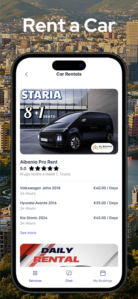 차량 모델 및 일일 요금을 보여주는 알바니아 자동차 렌탈용 Patoko 모바일 앱 인터페이스