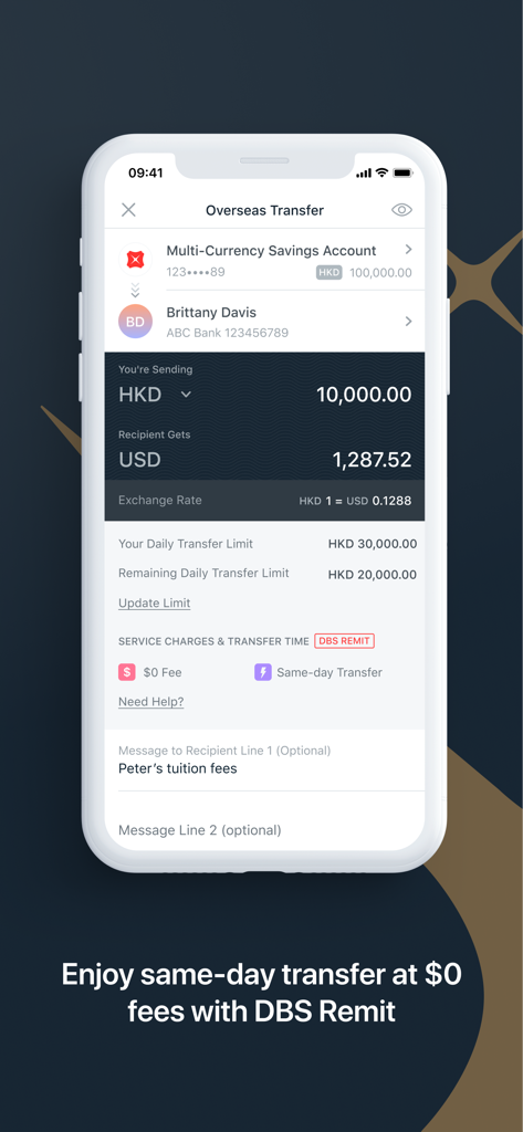 DBS digibank HK app screen showing a cross-border money transfer with zero fees and same-day delivery via DBS Remit.