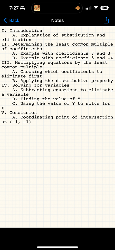 Voice Recorder - Un esquema estructurado de una clase de matemáticas dentro de la sección de notas de la aplicación Grabadora de Voz