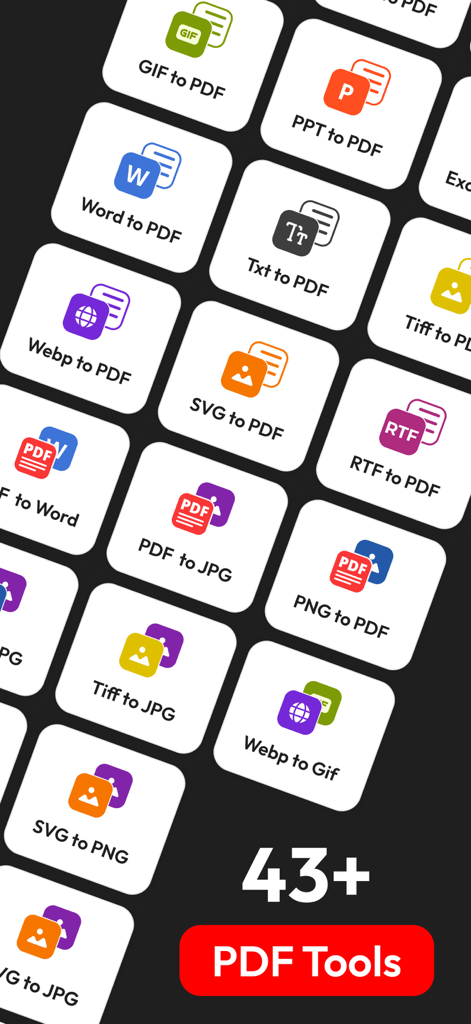 WordからPDF、画像フォーマットを含む43以上のファイル変換ツールのアイコンのグリッド。