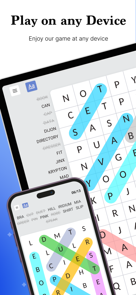 Word Search Colorful - Word Search Colorful game displayed on both a smartphone and a tablet screen