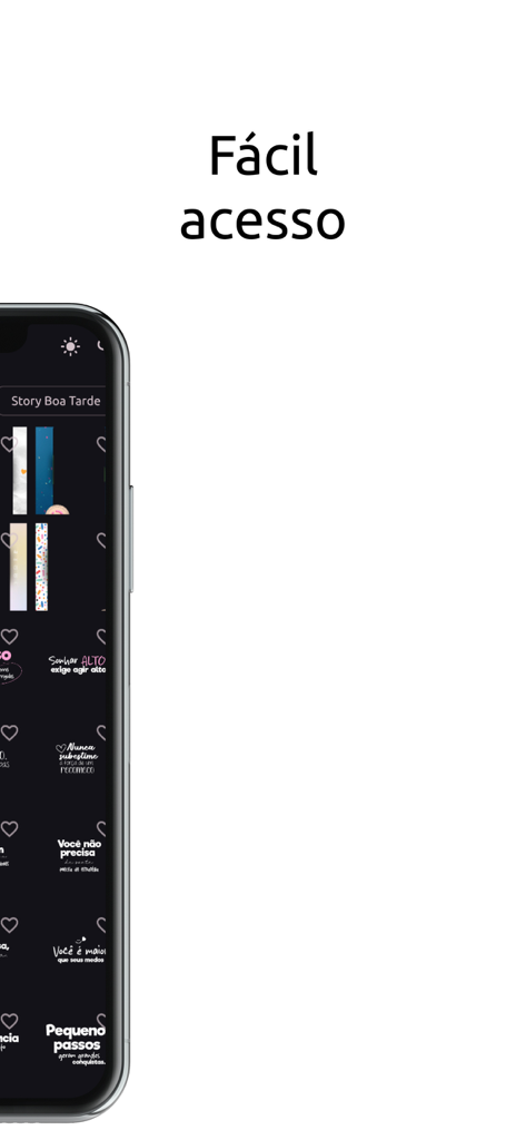 A mobile device displaying the Pack Story Criativo app interface with various creative text stickers and backgrounds for Instagram stories.