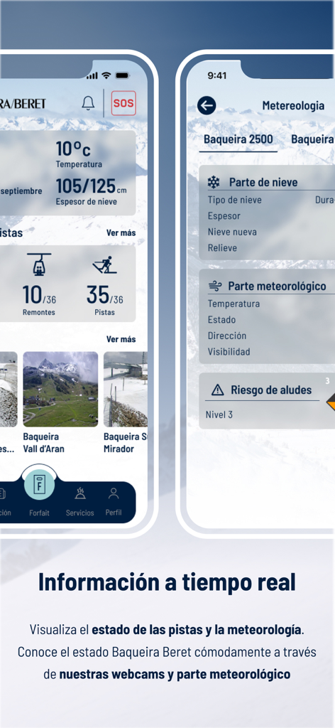 Baqueira Beret App-Oberfläche mit Live-Schneebedingungen, Wetterberichten und Berg-Webcams