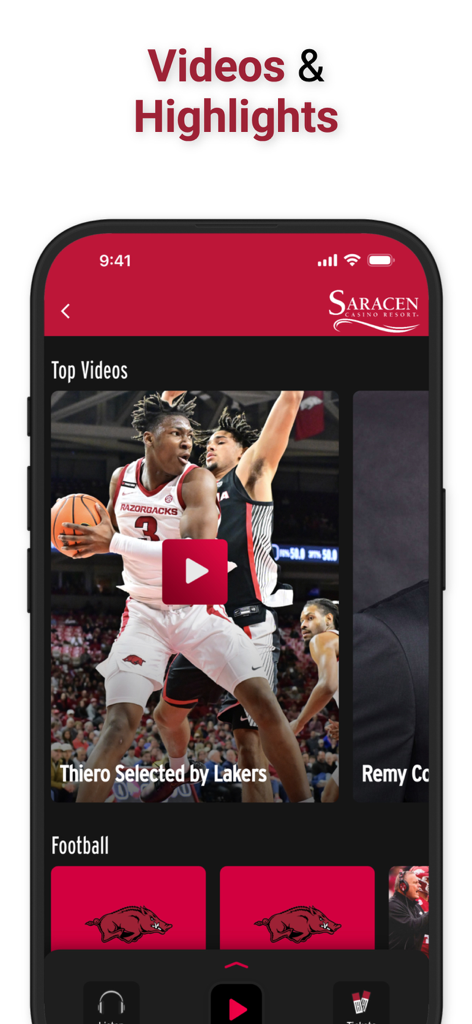 Arkansas Razorbacks - Arkansas Razorbacks mobile app screen showing the videos and highlights section with basketball and football content