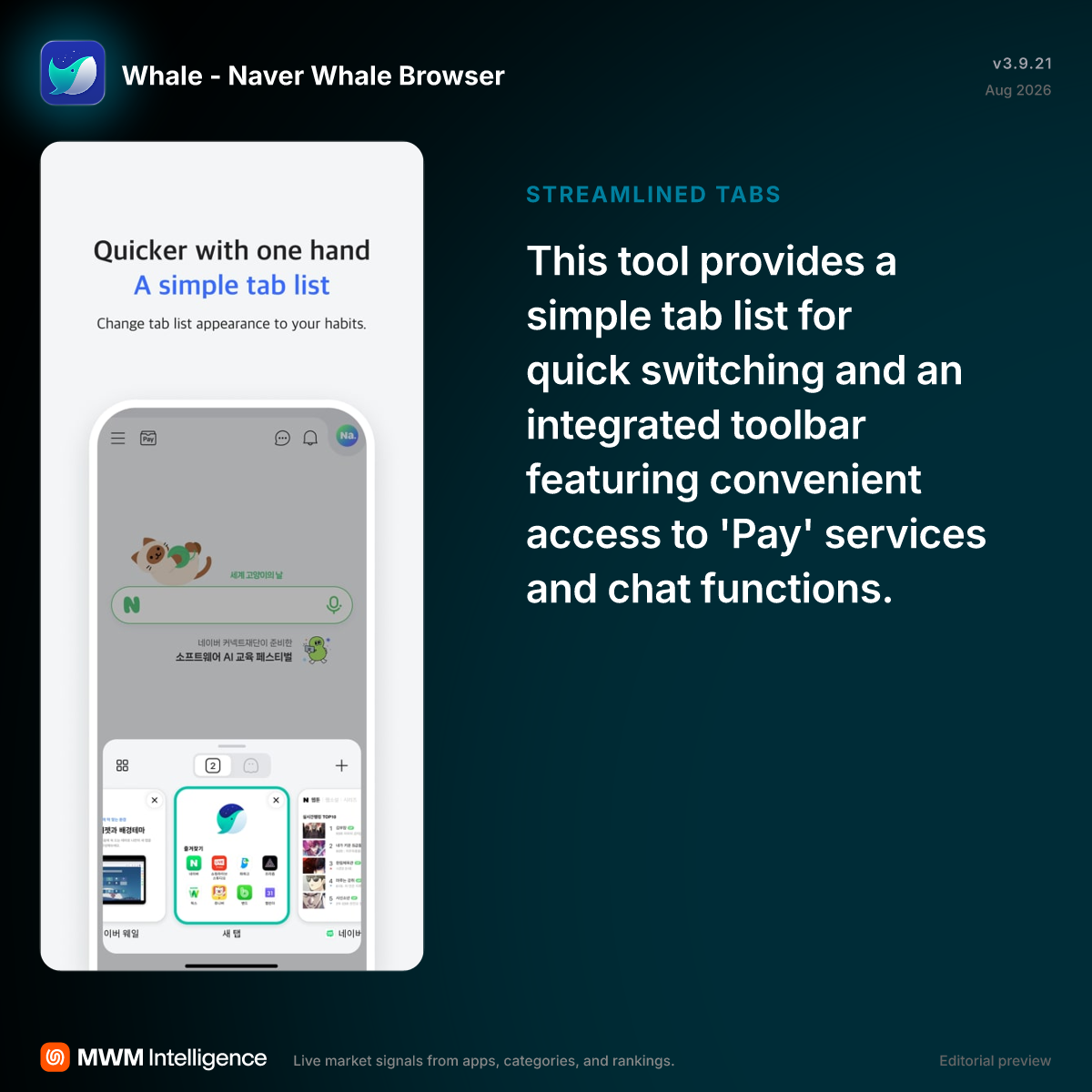Tampilan utilitas aplikasi Naver Whale yang menunjukkan fitur manajemen dan fungsi AI