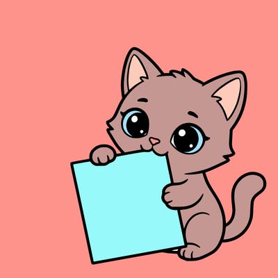 a small cat with a blank sheet of paper in its hand. the cat is sooooooo cute!