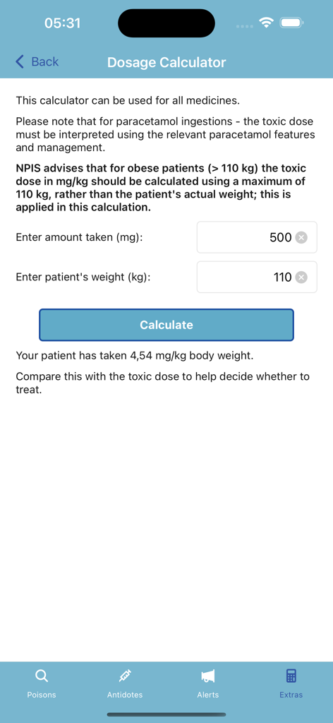 TOXBASE - TOXBASE app dosage calculator screen for medical professionals to determine toxin ingestion levels based on patient weight