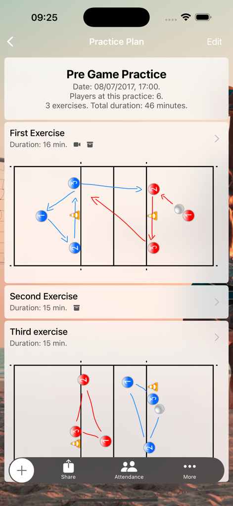 Assistant Coach Volleyball - A mobile app interface showing a volleyball practice plan with court diagrams and exercise durations