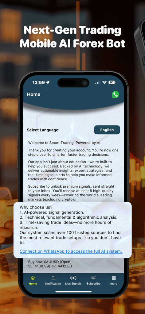 Forex AI Robot - Interfaz de la aplicación móvil Forex AI Robot que muestra señales de trading potenciadas por IA y análisis del mercado.