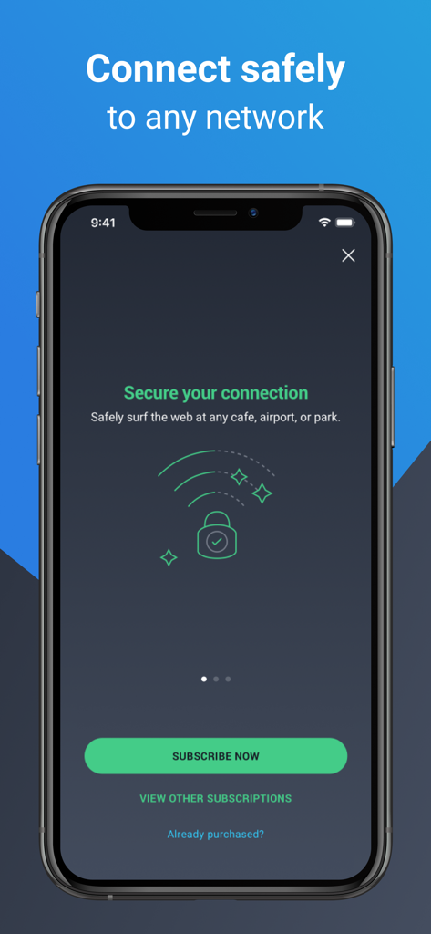 Interface do aplicativo AVG Secure VPN em um smartphone mostrando um aviso de conexão segura para redes Wi-Fi públicas.