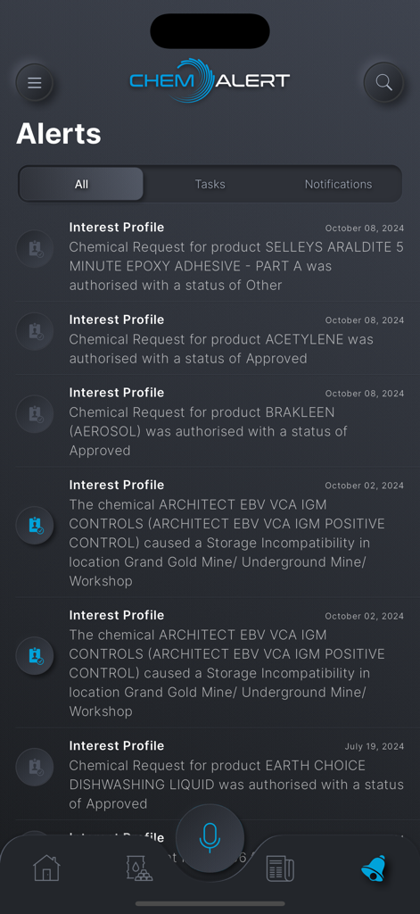The ChemAlert app alerts screen showing a list of chemical request status updates and safety notifications