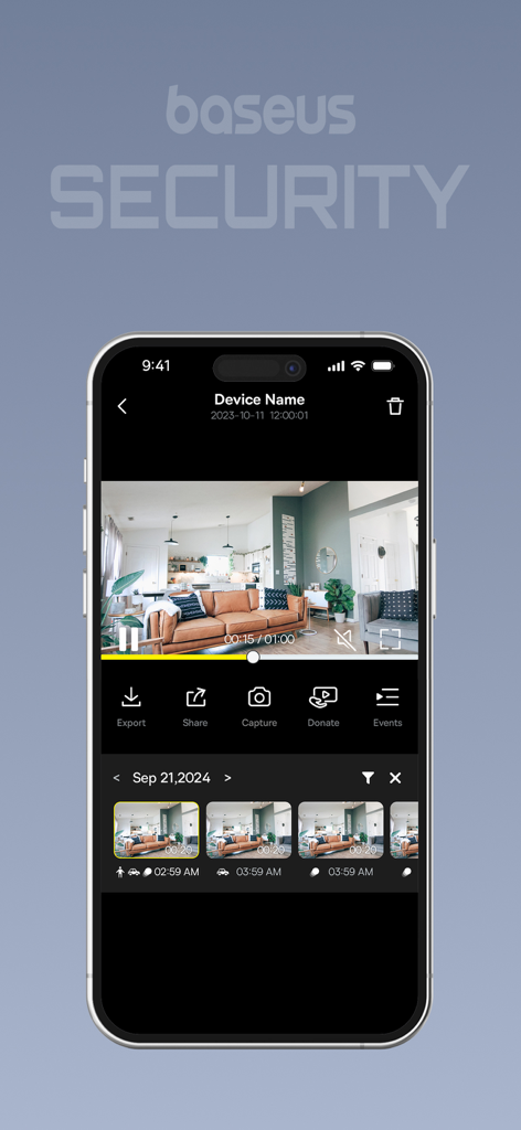 baseus Security - Smartphone screen showing the Baseus Security app with recorded video playback of a living room and a timeline of motion detection events