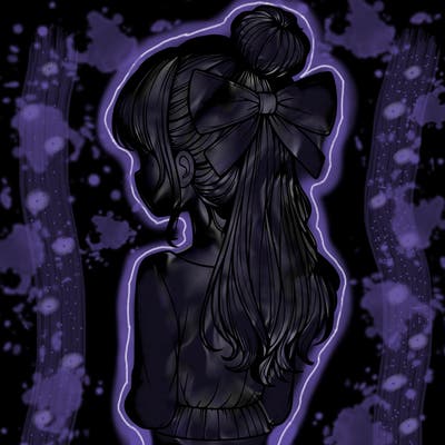 realistic girl  with hip length hair a bun and a big bow on the back of head