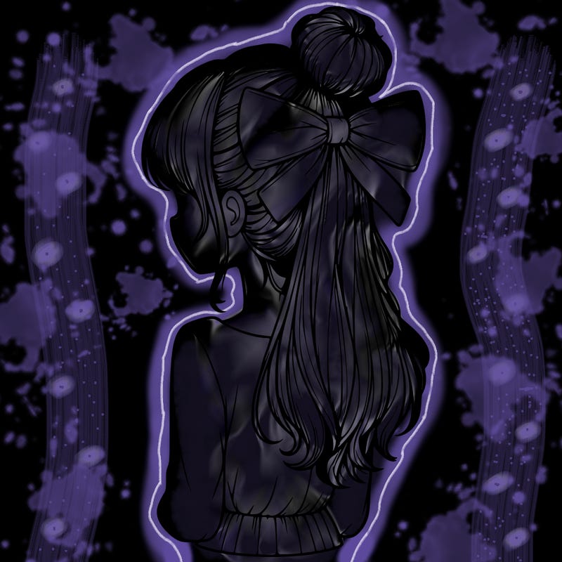 realistic girl  with hip length hair a bun and a big bow on the back of head