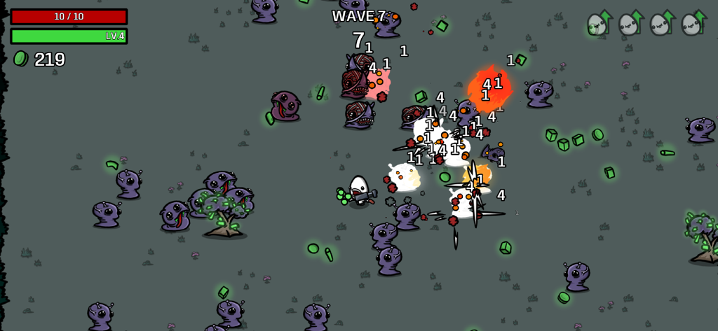 Brotato - Personaggio di Brotato che combatte orde di alieni viola in un'arena sparatutto dall'alto