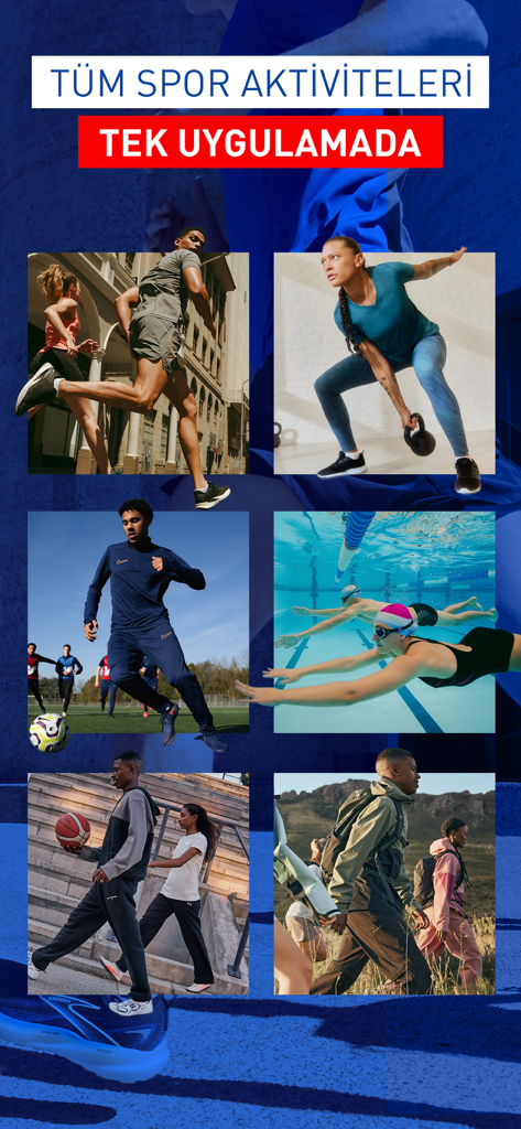 A collage showing various sports activities like running, soccer, swimming, and hiking in the Intersport mobile app