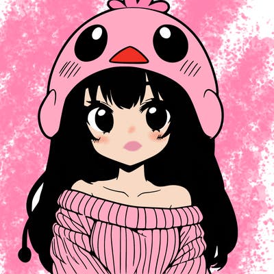 anime girl with chick shaped hat with sweater with bare shoulders with bangs covering them one eye with low tail
