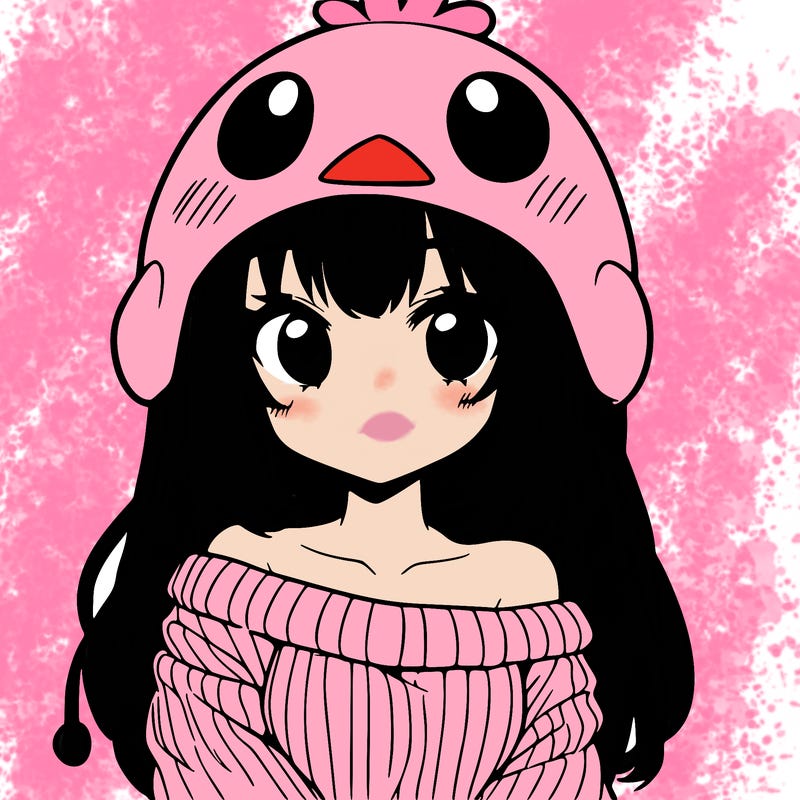 anime girl with chick shaped hat with sweater with bare shoulders with bangs covering them one eye with low tail