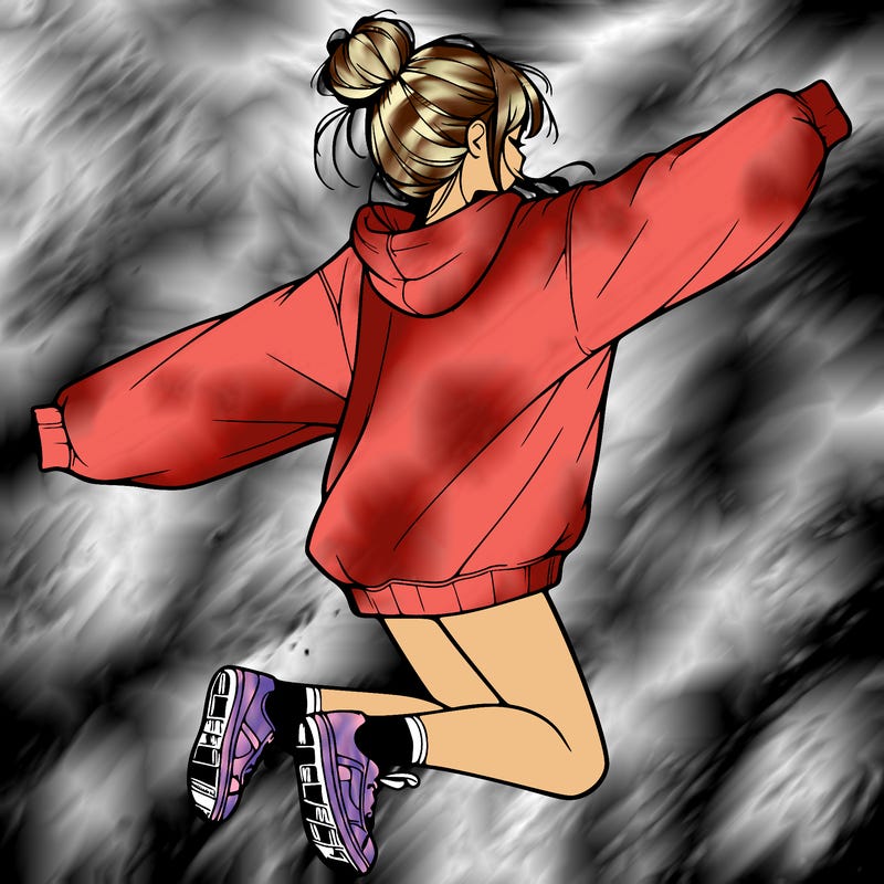 realistic girl jumping with a bun and oversized sweatshirt