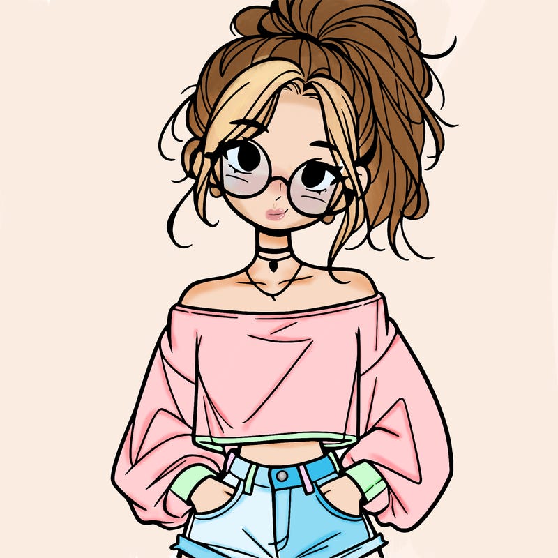 girl with a messy ponytail glasses a baggy crop top and jean shorts