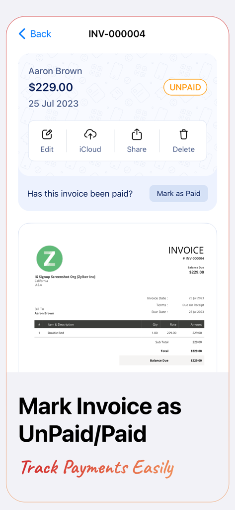 Invoice Generator - Zoho - Zoho Invoice Generator interface showing an unpaid invoice summary with the option to mark it as paid and track payments easily