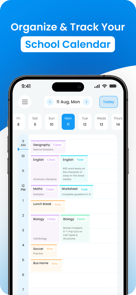 A mobile interface showing a detailed daily school schedule with color coded classes tasks and extracurricular activities