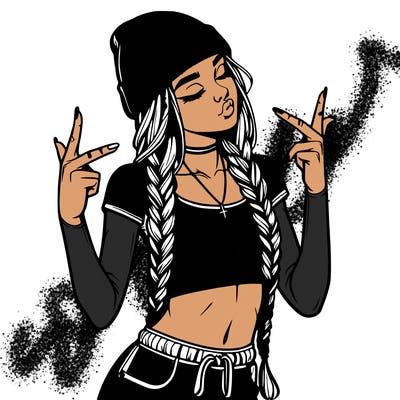 realistic teenage girl with braids and a beanie and crop top doing 🫶🏼